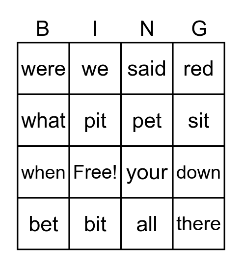 Q2 Sight Words and short e/i Bingo Card