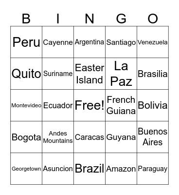 South America Bingo Card
