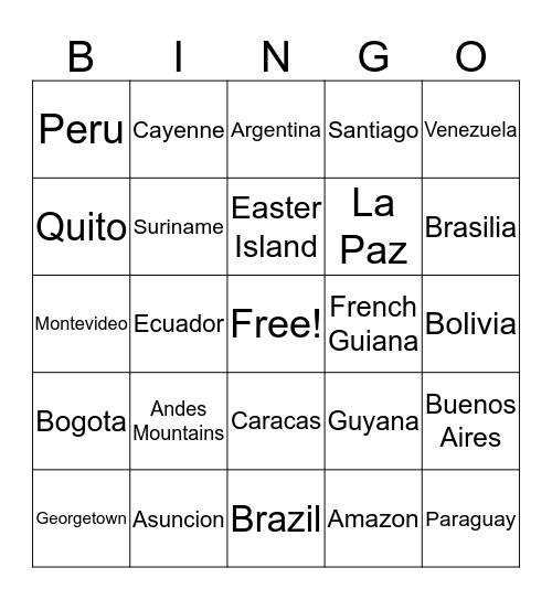 South America Bingo Card