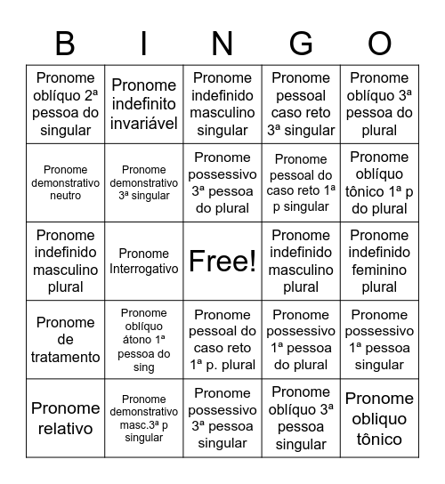 PRONOMES Bingo Card