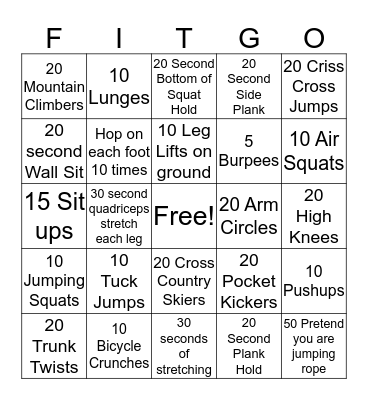 FITNESS FITGO Bingo Card