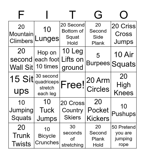 FITNESS FITGO Bingo Card