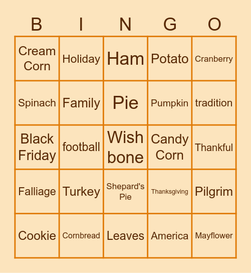 PAI K-6 Thanksgiving Luncheon Bingo Card