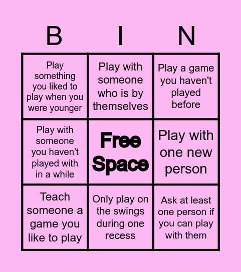 Recess Bingo Card