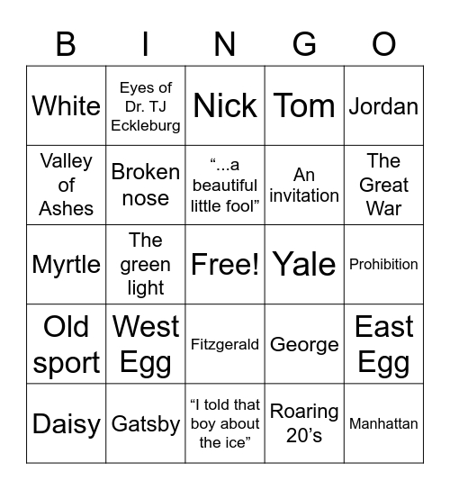 The Great Gatsby Bingo Card