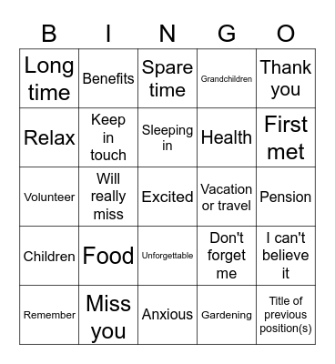 Will's Farewell Bingo Card