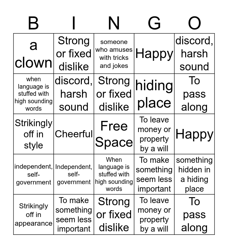 ACT Vocab Unit 2 Definitions Bingo Card