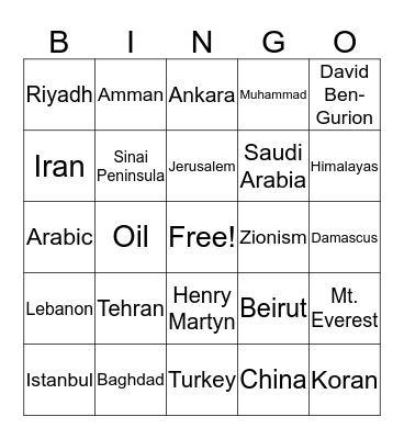 Middle East Bingo Card