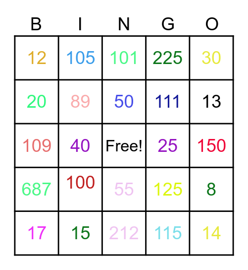 Number Bingo Card