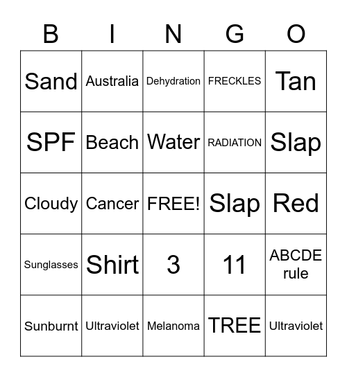 Yr7 - Sunsmart Bingo Card