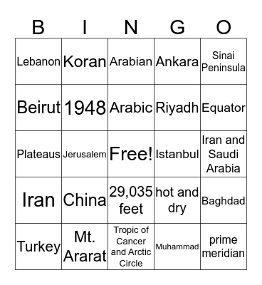 Middle East Bingo Card