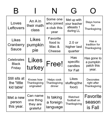 Thanksgiving/Update Bingo Card