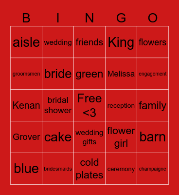 Melissa's bridal shower Bingo Card