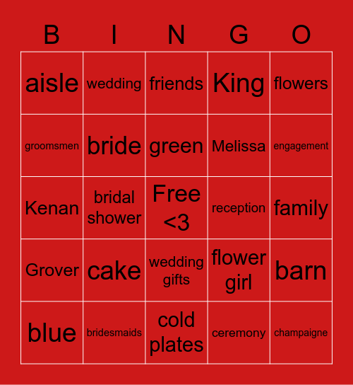 Melissa's bridal shower Bingo Card