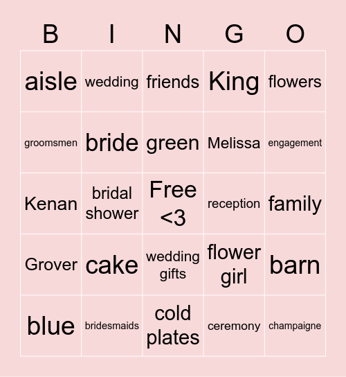 Melissa's bridal shower Bingo Card