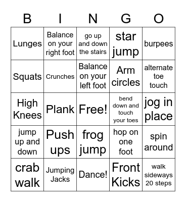 Rundle Exercise Bingo Card
