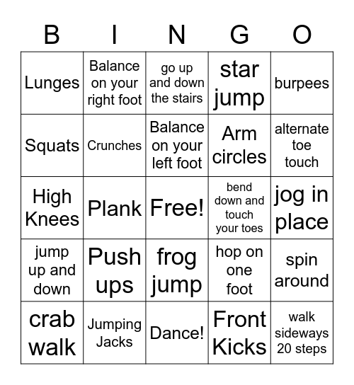 Rundle Exercise Bingo Card