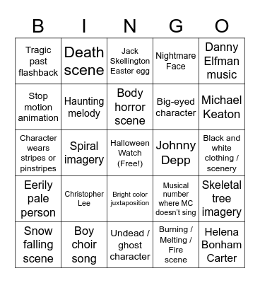 Tim Burton Bingo Card
