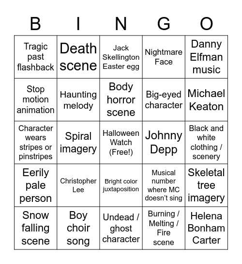 Tim Burton Bingo Card