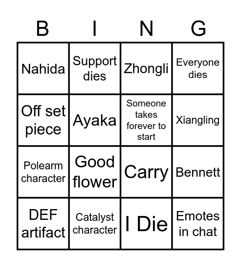 Genshin Domain COOP bingo Card