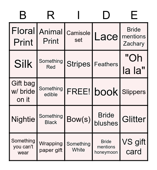 Madi's Lingerie Shower Bingo Card