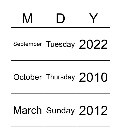 Months / Days / Years Bingo Card