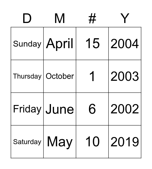 Day               Month          Number       Year Bingo Card