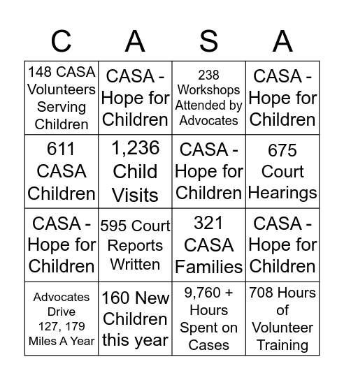 CASA - Hope for Children Bingo Card