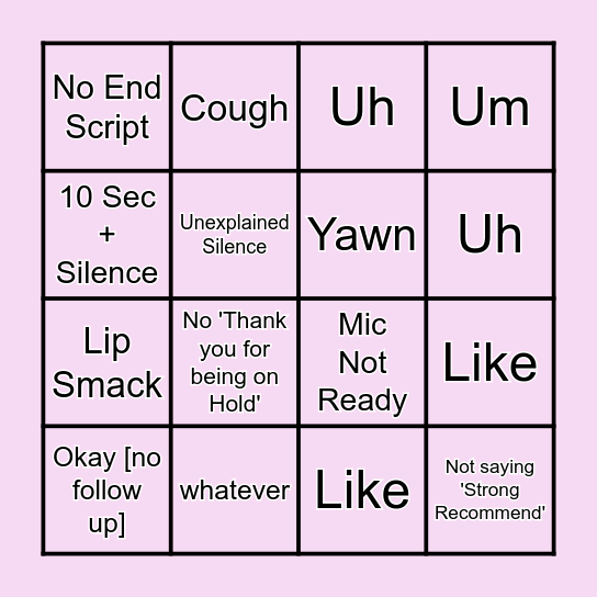 Filler Word Bingo Card