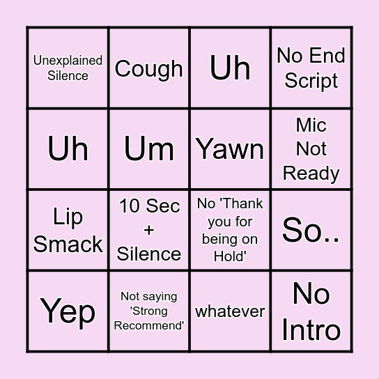 Filler Word Bingo Card