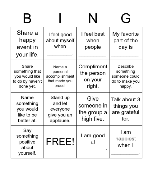 Self-Esteem Bingo Card