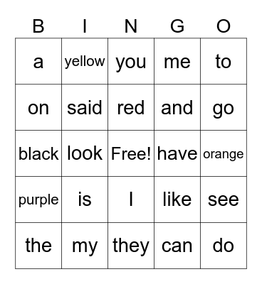 Sight Words Bingo Card