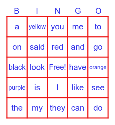 Sight Words Bingo Card
