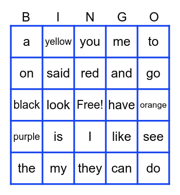 Sight Words Bingo Card