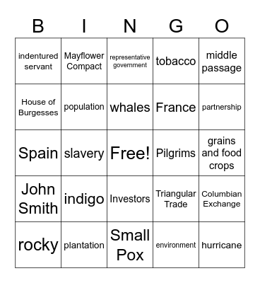 Colonial Craze Bingo Card