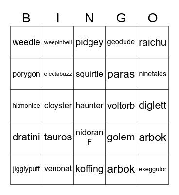 pokemon Bingo Card