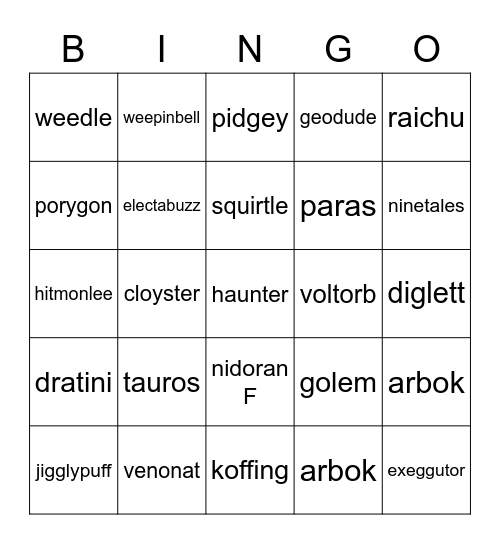 pokemon Bingo Card