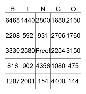 Multiplication Bingo Card