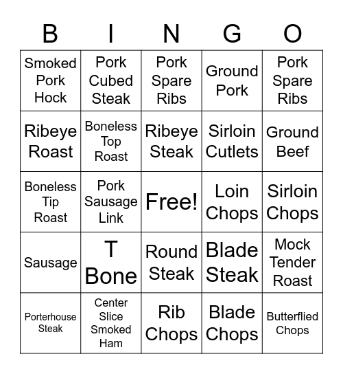 Jr Meats Bingo Card