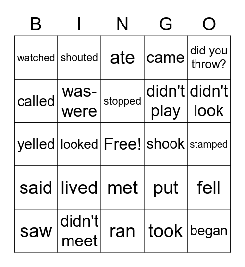 simple past tense Bingo Card