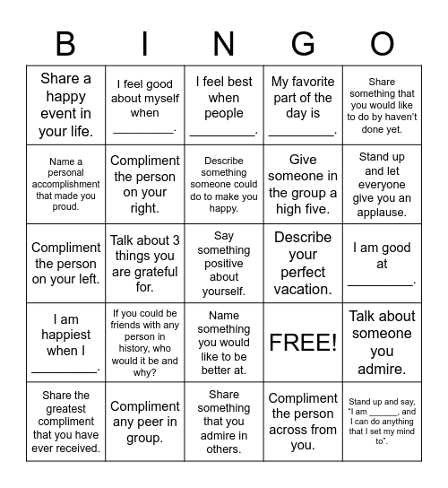 Self-Esteem Bingo Card