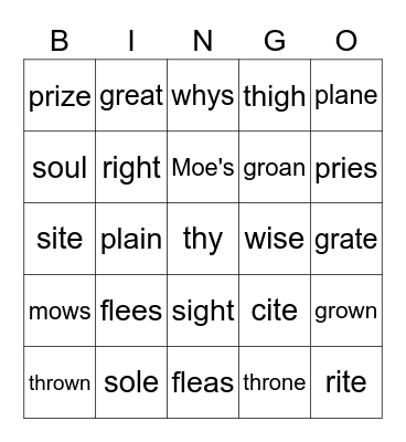homophones Bingo Card