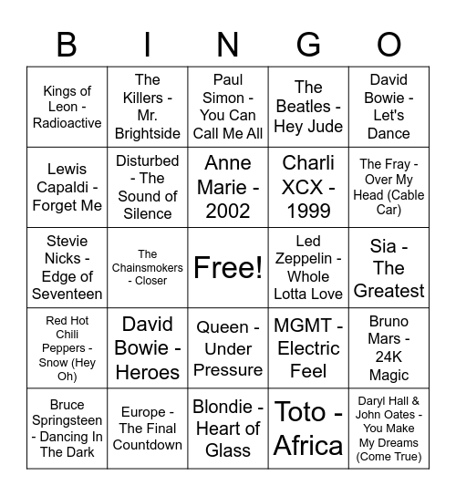 Musical Bingo Card
