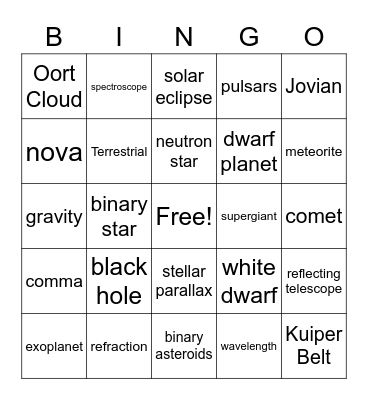 Astronomy Bingo Card