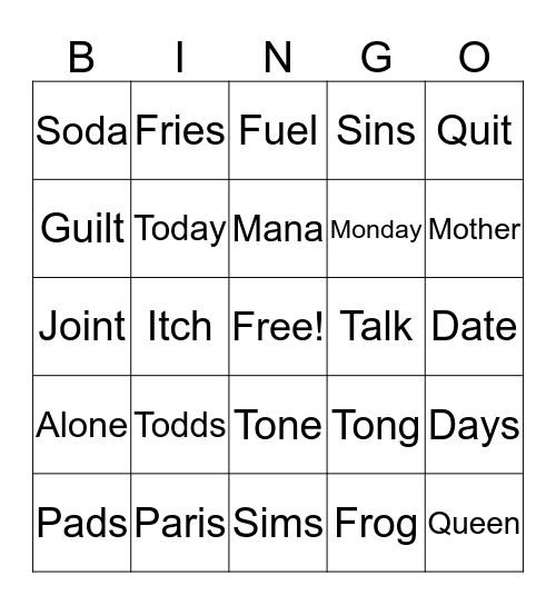 TLC Girls Bingo Card