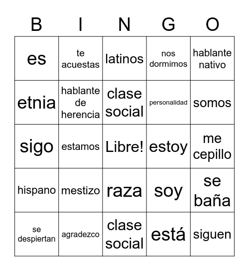 Spanish Heritage Unidad 1 Bingo Card