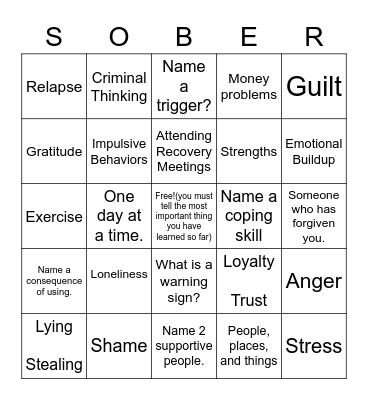 Relapse Prevention Bingo Card