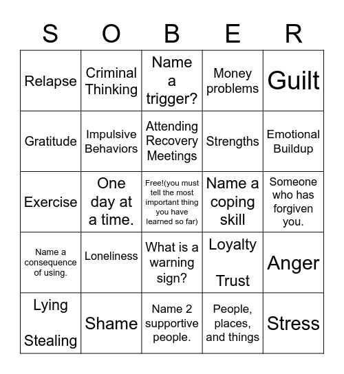 Relapse Prevention Bingo Card