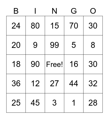 Multiplication Bingo! Bingo Card