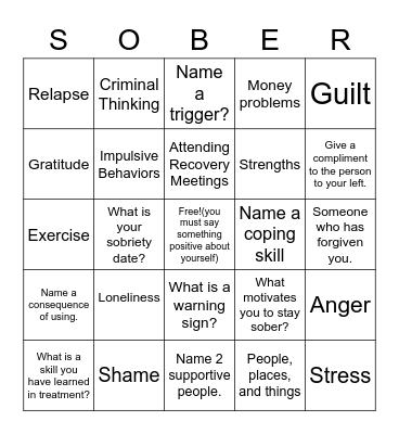 Relapse Prevention Bingo Card